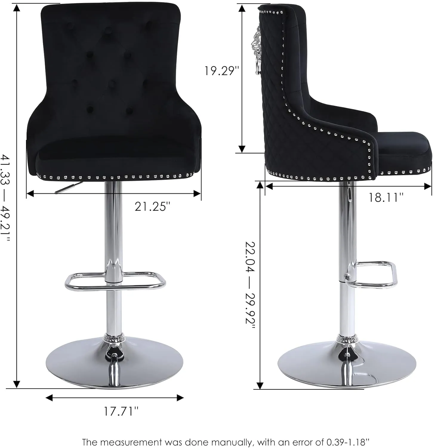 Velvet Barstools Set of 2, Modern Counter Height Adjustable Swivel Stools Chairs with High Tufted Backrest Chrome Base Lion Head Pull Ring Diamond Pattern Rivet Trim for Kitchen (Black)