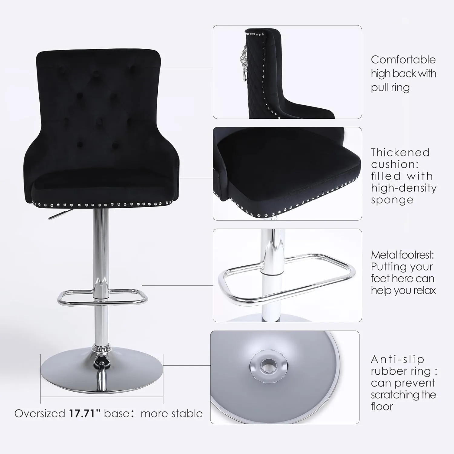 Velvet Barstools Set of 2, Modern Counter Height Adjustable Swivel Stools Chairs with High Tufted Backrest Chrome Base Lion Head Pull Ring Diamond Pattern Rivet Trim for Kitchen (Black)
