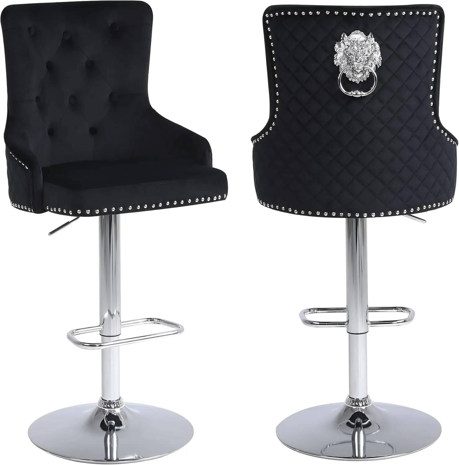 Velvet Barstools Set of 2, Modern Counter Height Adjustable Swivel Stools Chairs with High Tufted Backrest Chrome Base Lion Head Pull Ring Diamond Pattern Rivet Trim for Kitchen (Black)
