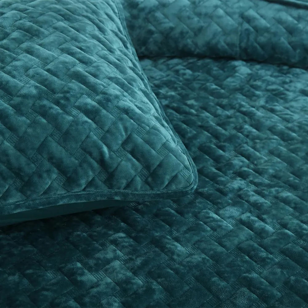 Velvet Bedspread Quilt Bedding Sets,Luxury Elegant Ultra Soft Velvet Comforters Coverlet Blankets,Weave Stitching Pattern Quilted Bedspread for All Seasons,Teal,Queen Size
