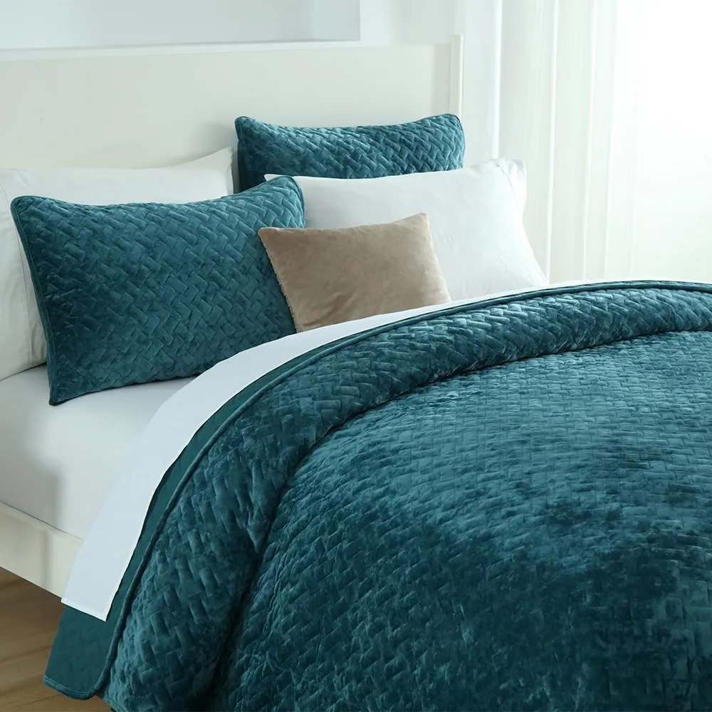 Velvet Bedspread Quilt Bedding Sets,Luxury Elegant Ultra Soft Velvet Comforters Coverlet Blankets,Weave Stitching Pattern Quilted Bedspread for All Seasons,Teal,Queen Size