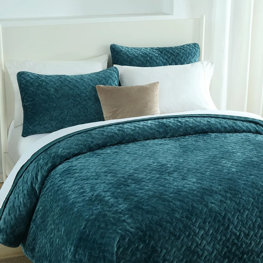 Velvet Bedspread Quilt Bedding Sets,Luxury Elegant Ultra Soft Velvet Comforters Coverlet Blankets,Weave Stitching Pattern Quilted Bedspread for All Seasons,Teal,Queen Size