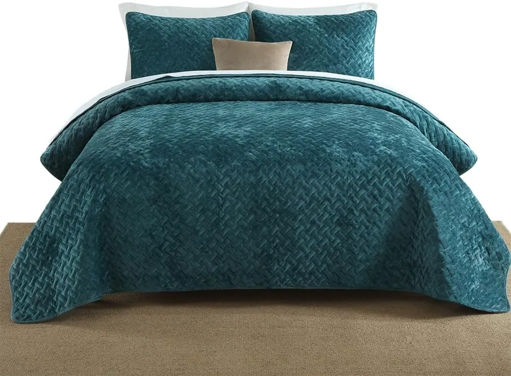 Velvet Bedspread Quilt Bedding Sets,Luxury Elegant Ultra Soft Velvet Comforters Coverlet Blankets,Weave Stitching Pattern Quilted Bedspread for All Seasons,Teal,Queen Size
