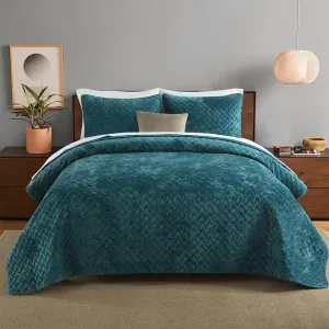 Velvet Bedspread Quilt Bedding Sets,Luxury Elegant Ultra Soft Velvet Comforters Coverlet Blankets,Weave Stitching Pattern Quilted Bedspread for All Seasons,Teal,Queen Size