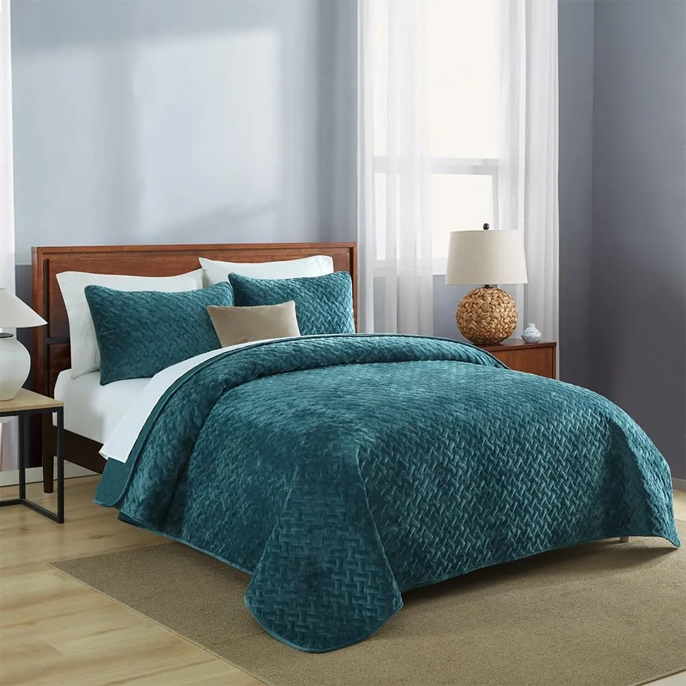 Velvet Bedspread Quilt Bedding Sets,Luxury Elegant Ultra Soft Velvet Comforters Coverlet Blankets,Weave Stitching Pattern Quilted Bedspread for All Seasons,Teal,Queen Size