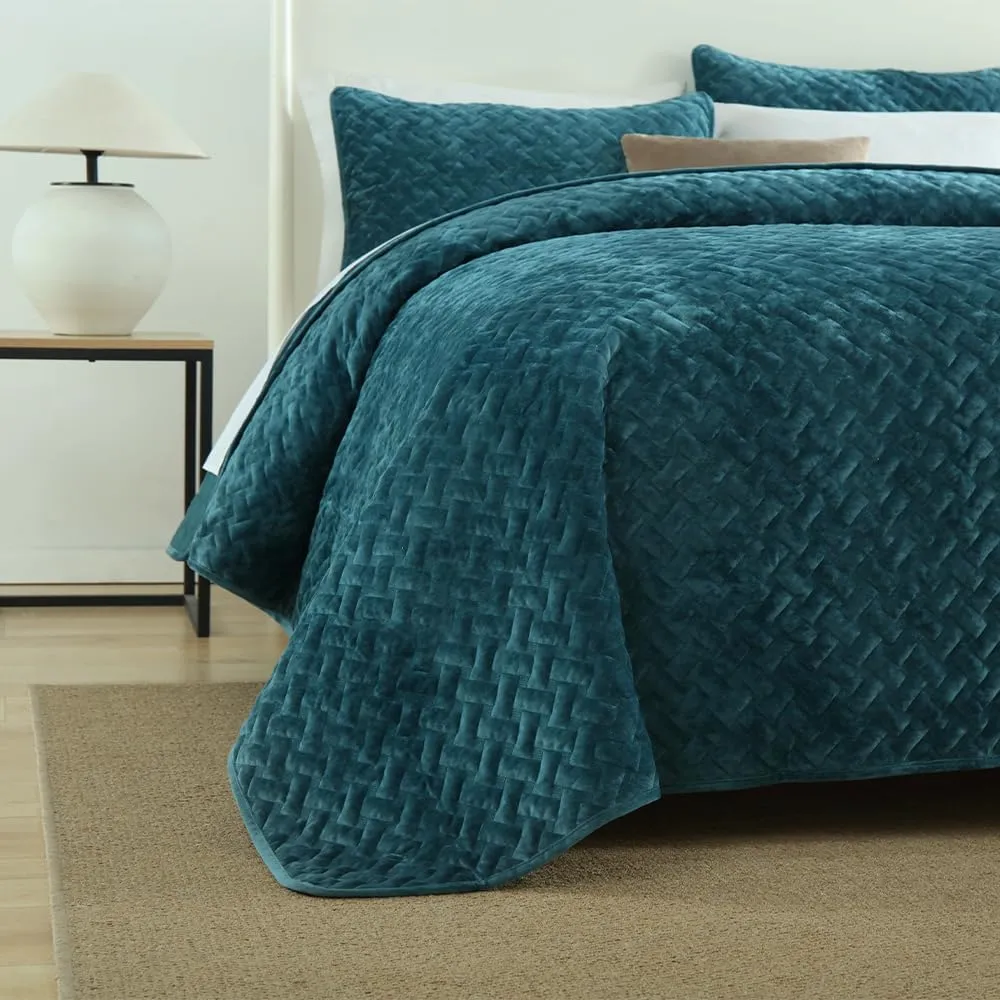 Velvet Bedspread Quilt Bedding Sets,Luxury Elegant Ultra Soft Velvet Comforters Coverlet Blankets,Weave Stitching Pattern Quilted Bedspread for All Seasons,Teal,Queen Size
