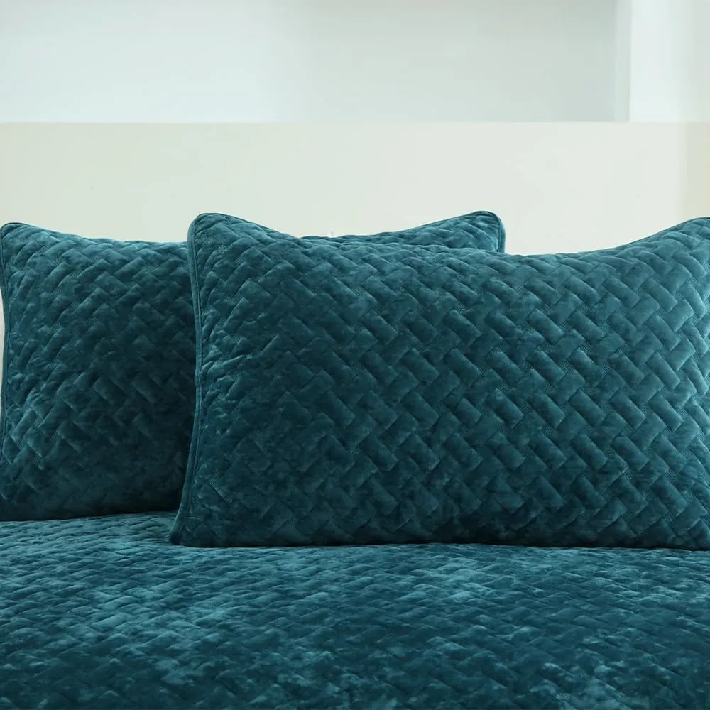 Velvet Bedspread Quilt Bedding Sets,Luxury Elegant Ultra Soft Velvet Comforters Coverlet Blankets,Weave Stitching Pattern Quilted Bedspread for All Seasons,Teal,Queen Size