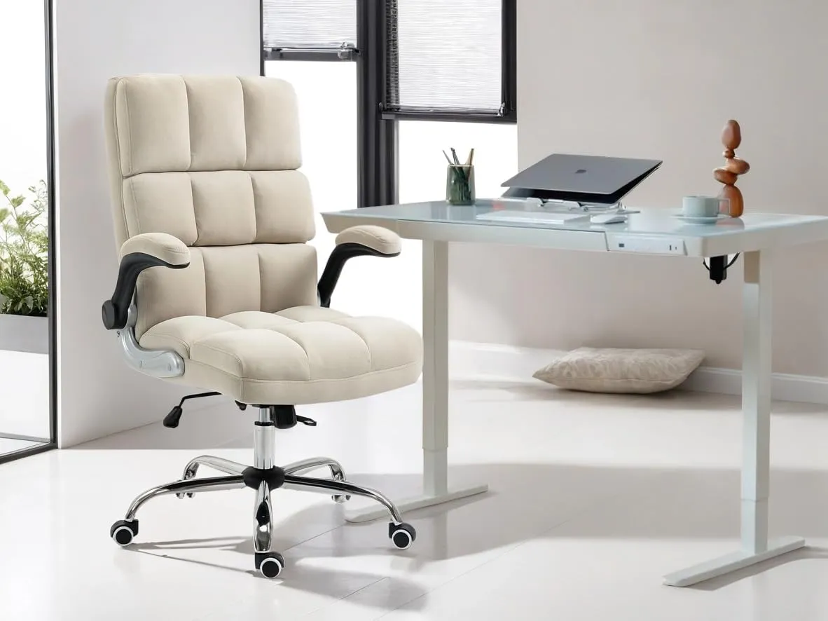 Velvet Desk Chair with Flip-up Arms, Ergonomic High Back Executive Office Chair, Comfortable Upholstered Fabric Home Vanity Chair, Beige