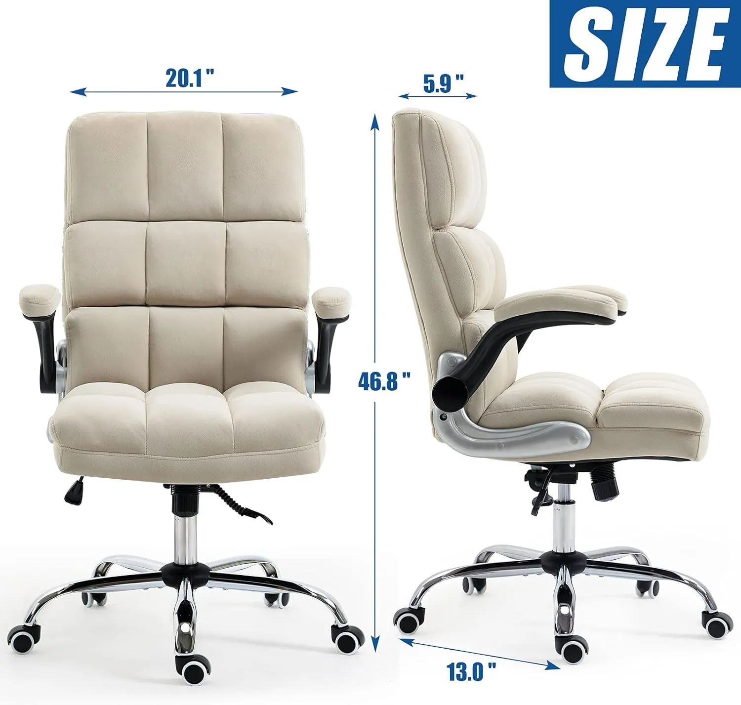 Velvet Desk Chair with Flip-up Arms, Ergonomic High Back Executive Office Chair, Comfortable Upholstered Fabric Home Vanity Chair, Beige