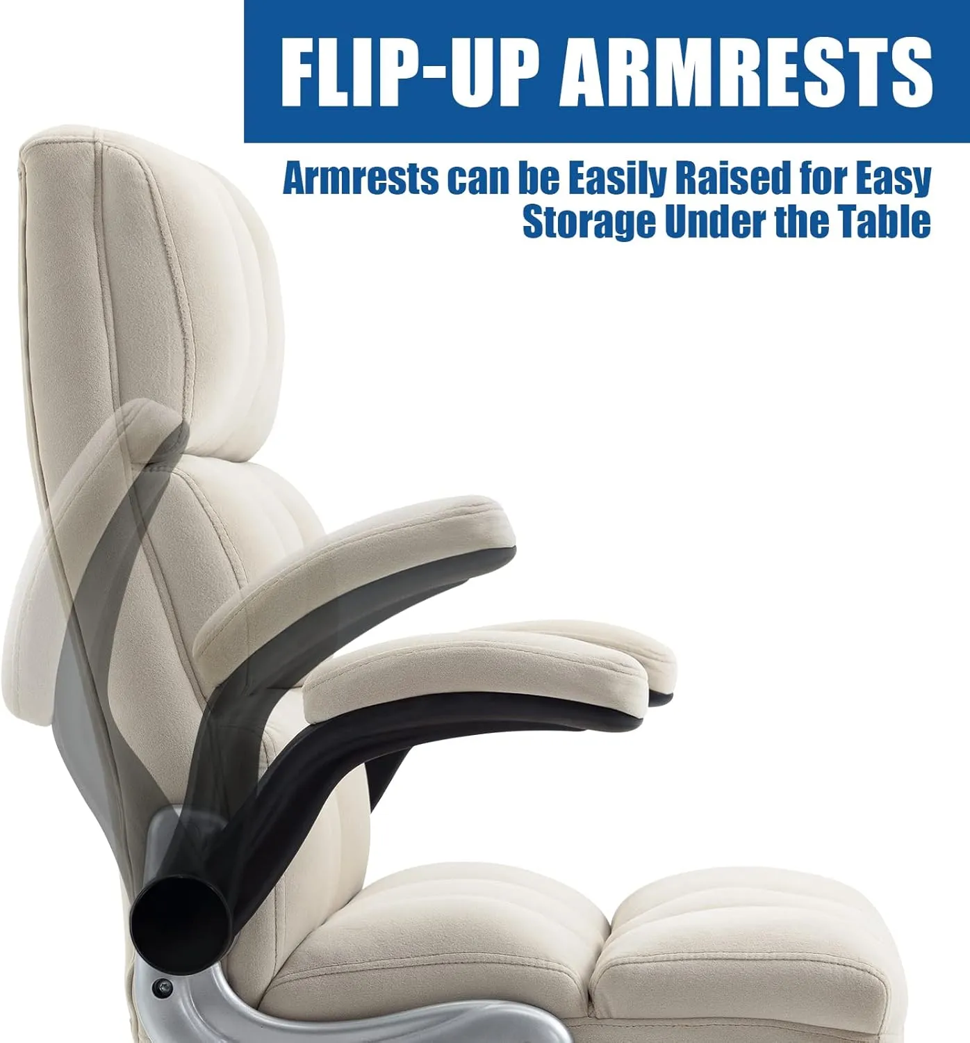 Velvet Desk Chair with Flip-up Arms, Ergonomic High Back Executive Office Chair, Comfortable Upholstered Fabric Home Vanity Chair, Beige