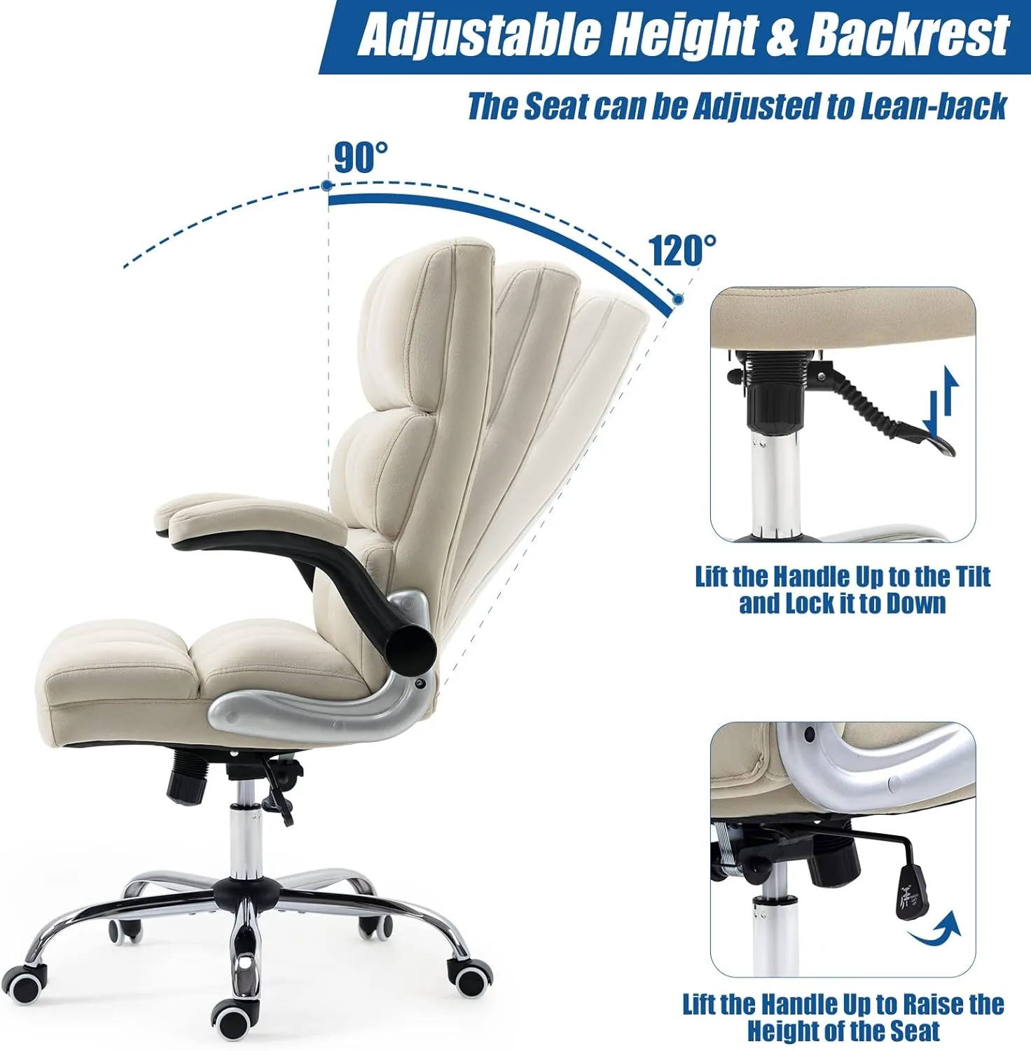 Velvet Desk Chair with Flip-up Arms, Ergonomic High Back Executive Office Chair, Comfortable Upholstered Fabric Home Vanity Chair, Beige