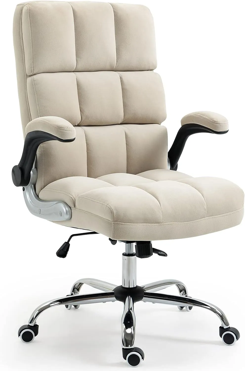 Velvet Desk Chair with Flip-up Arms, Ergonomic High Back Executive Office Chair, Comfortable Upholstered Fabric Home Vanity Chair, Beige