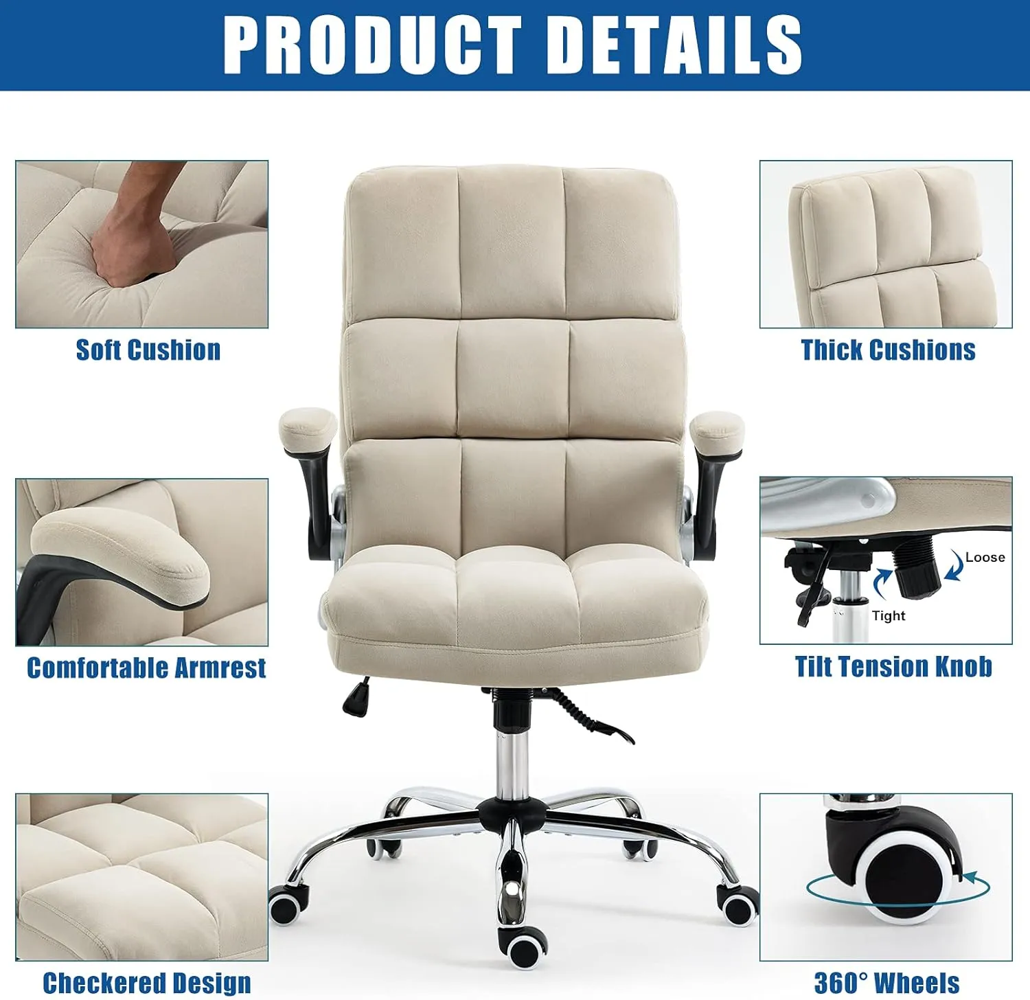 Velvet Desk Chair with Flip-up Arms, Ergonomic High Back Executive Office Chair, Comfortable Upholstered Fabric Home Vanity Chair, Beige