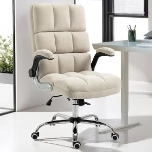Velvet Desk Chair with Flip-up Arms, Ergonomic High Back Executive Office Chair, Comfortable Upholstered Fabric Home Vanity Chair, Beige