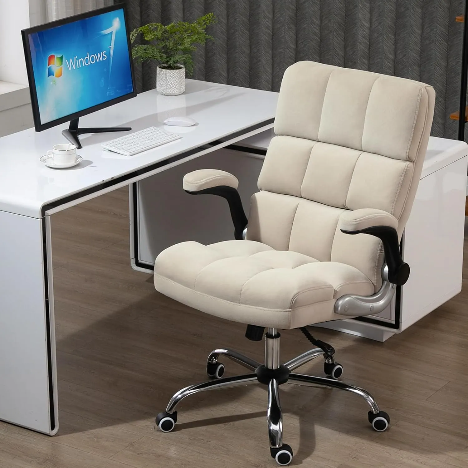 Velvet Desk Chair with Flip-up Arms, Ergonomic High Back Executive Office Chair, Comfortable Upholstered Fabric Home Vanity Chair, Beige