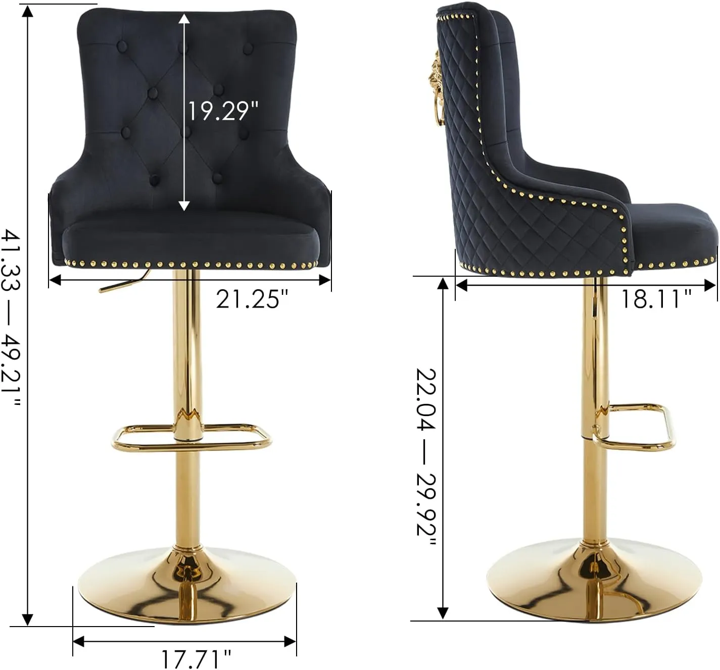 Velvet Gold Barstools Set of 2, Modern Counter Height Adjustable Swivel Stools Chairs with High Tufted Backrest Golden Base Lion Head Pull Ring Diamond Pattern Rivet Trim for Kitchen (Black)