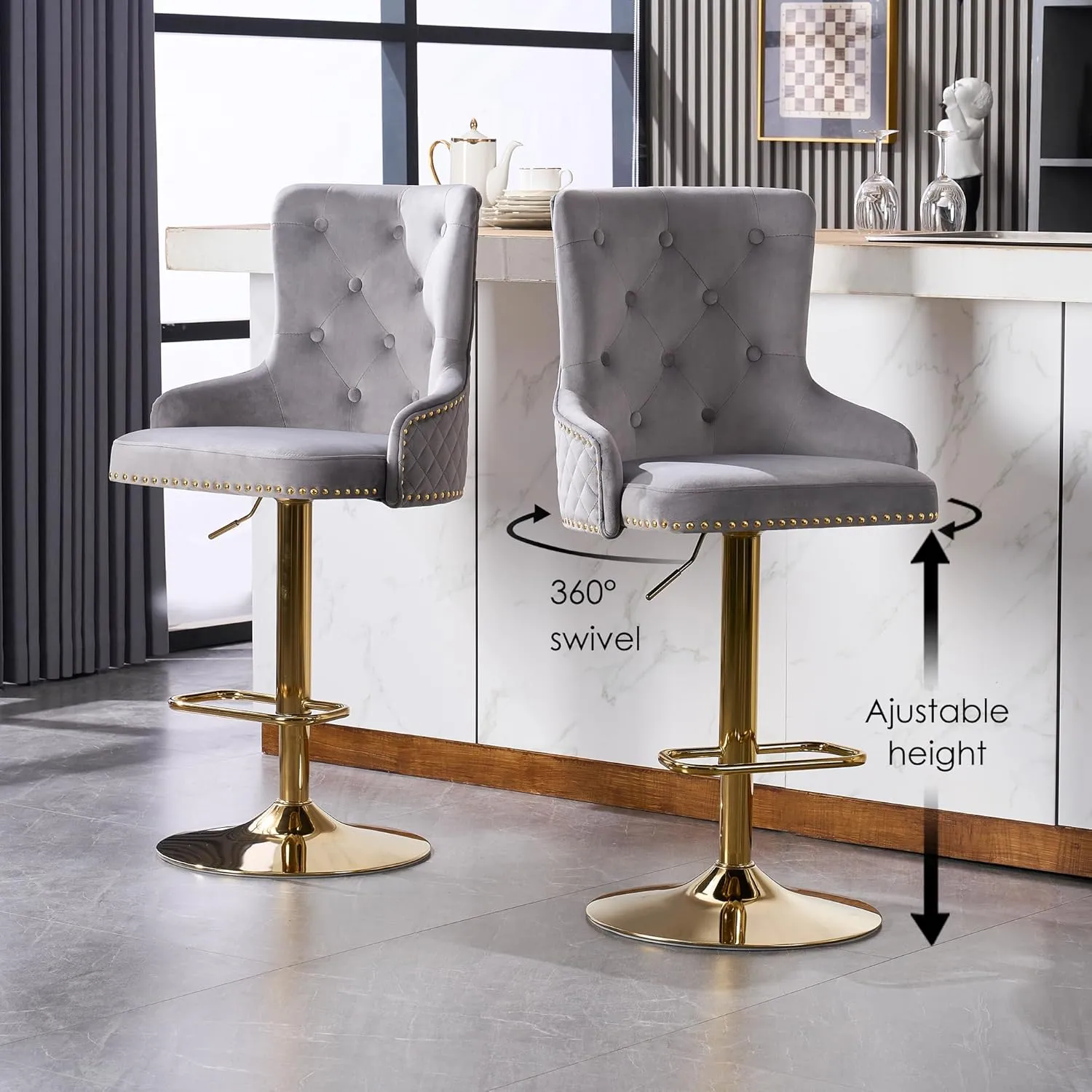 Velvet Gold Barstools Set of 2, Modern Counter Height Adjustable Swivel Stools Chairs with High Tufted Backrest Golden Base Lion Head Pull Ring Rivet Trim for Kitchen (Grey)