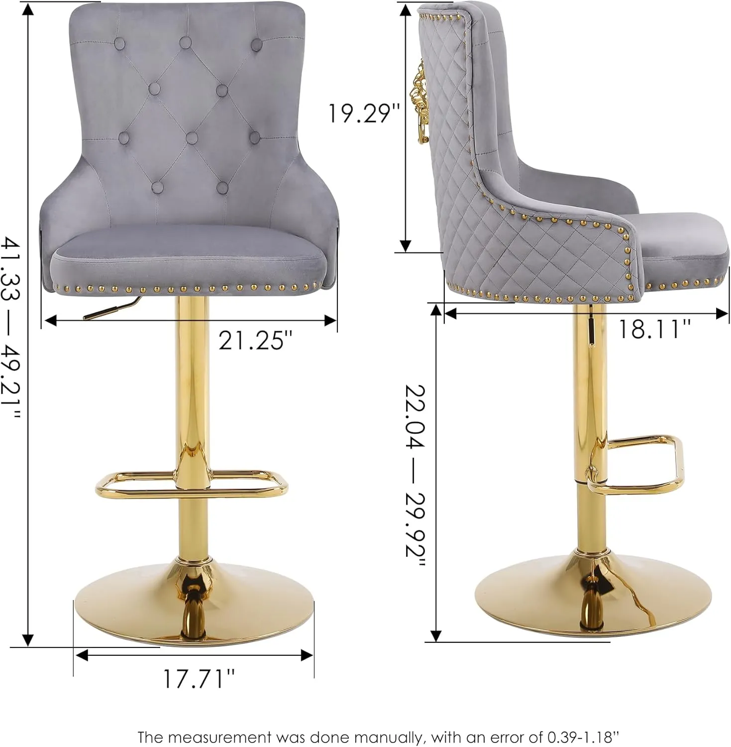 Velvet Gold Barstools Set of 2, Modern Counter Height Adjustable Swivel Stools Chairs with High Tufted Backrest Golden Base Lion Head Pull Ring Rivet Trim for Kitchen (Grey)