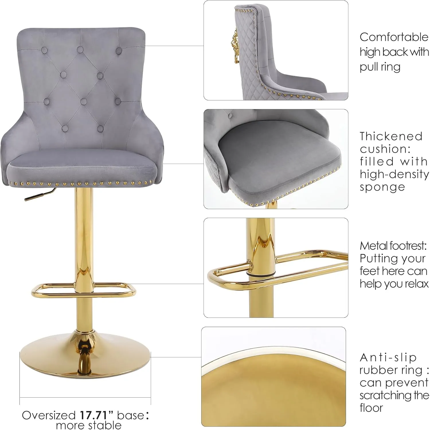 Velvet Gold Barstools Set of 2, Modern Counter Height Adjustable Swivel Stools Chairs with High Tufted Backrest Golden Base Lion Head Pull Ring Rivet Trim for Kitchen (Grey)