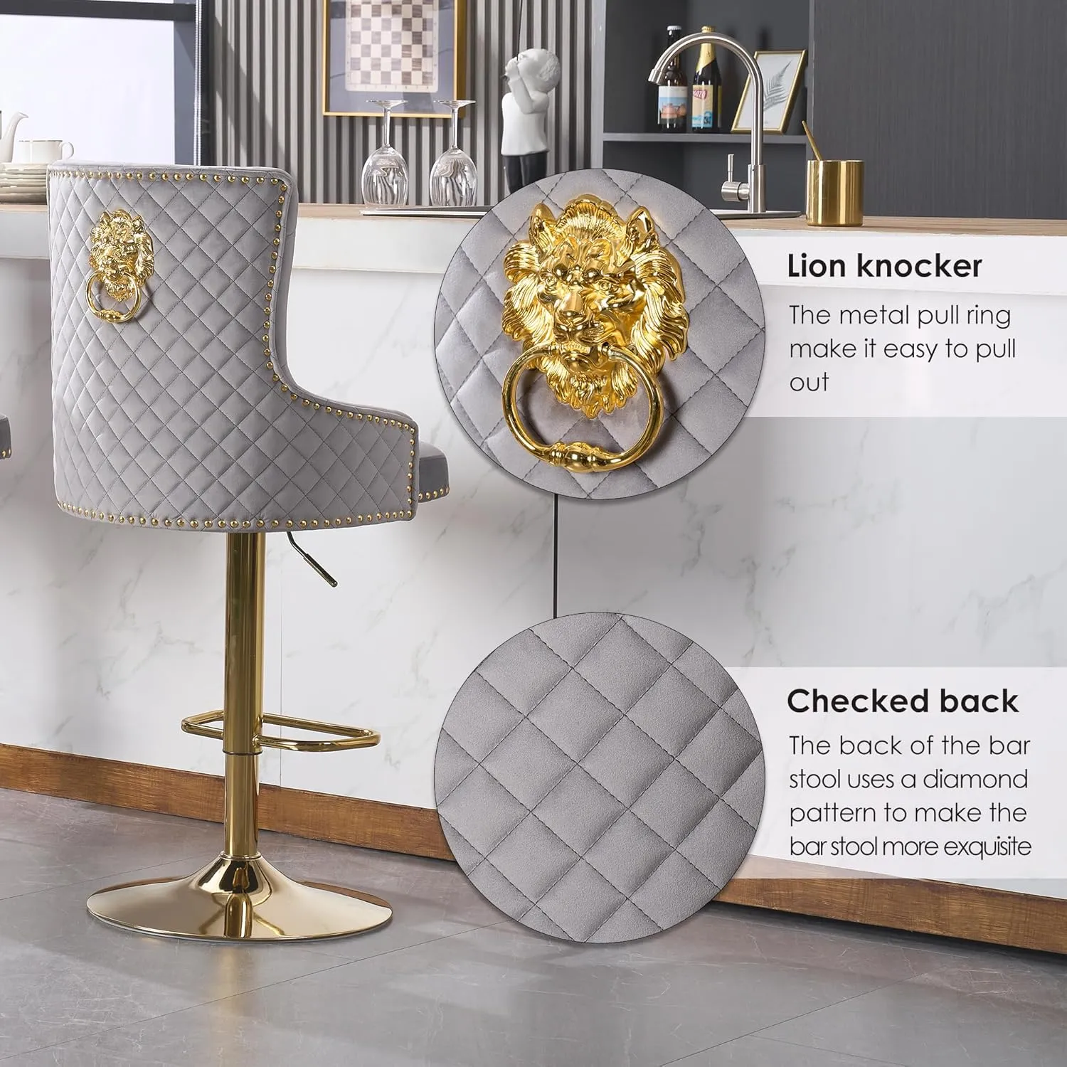 Velvet Gold Barstools Set of 2, Modern Counter Height Adjustable Swivel Stools Chairs with High Tufted Backrest Golden Base Lion Head Pull Ring Rivet Trim for Kitchen (Grey)