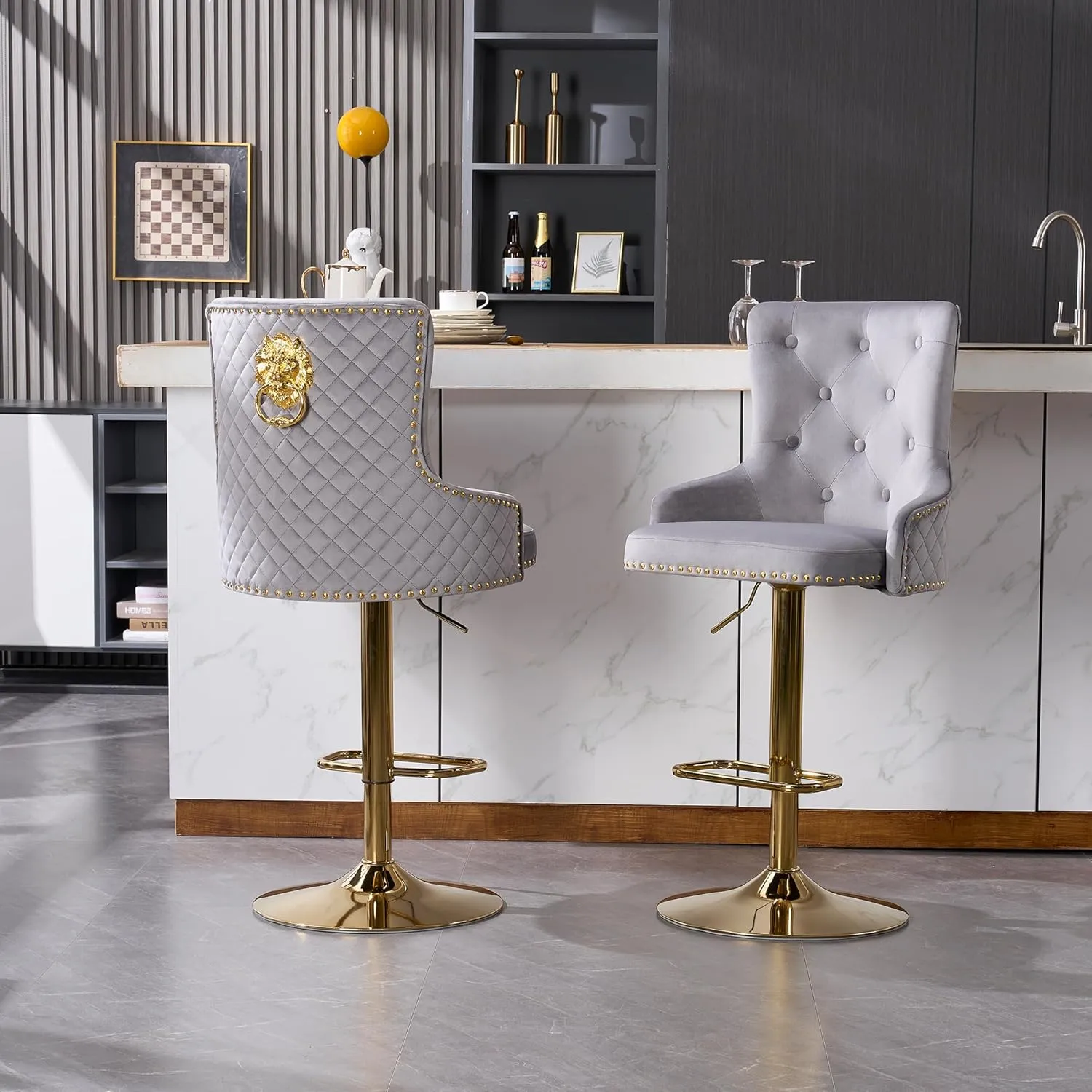 Velvet Gold Barstools Set of 2, Modern Counter Height Adjustable Swivel Stools Chairs with High Tufted Backrest Golden Base Lion Head Pull Ring Rivet Trim for Kitchen (Grey)