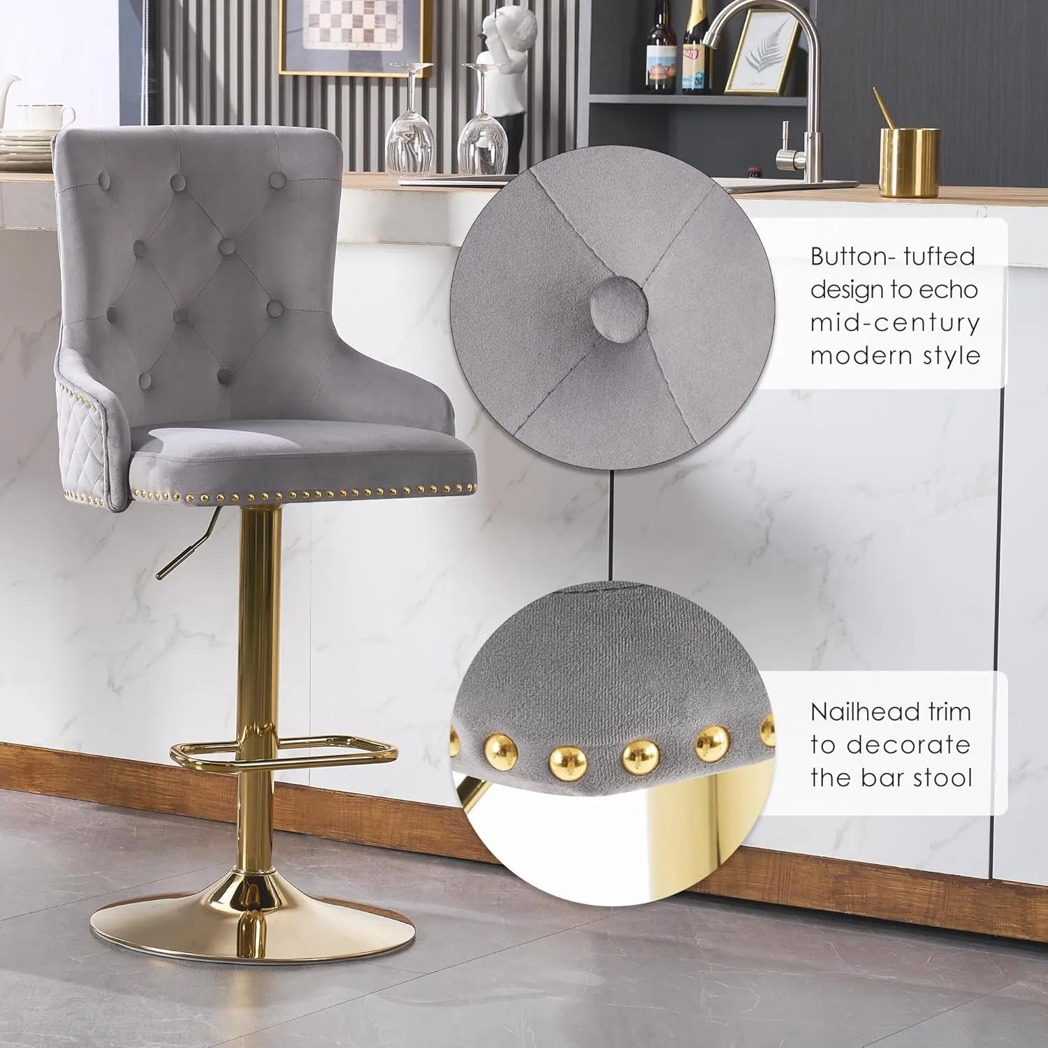 Velvet Gold Barstools Set of 2, Modern Counter Height Adjustable Swivel Stools Chairs with High Tufted Backrest Golden Base Lion Head Pull Ring Rivet Trim for Kitchen (Grey)
