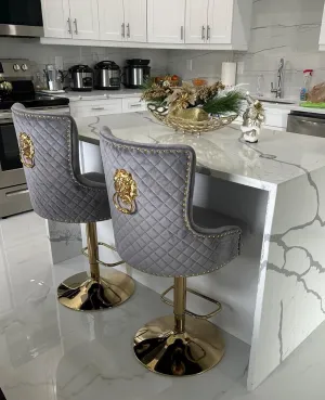 Velvet Gold Barstools Set of 2, Modern Counter Height Adjustable Swivel Stools Chairs with High Tufted Backrest Golden Base Lion Head Pull Ring Rivet Trim for Kitchen (Grey)