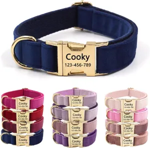 Velvet Personalized Dog Collar with Name - Customizable Dog Collar with Quick Release Metal Buckle - Leash and Bow Tie Available (Midnight Blue, L)