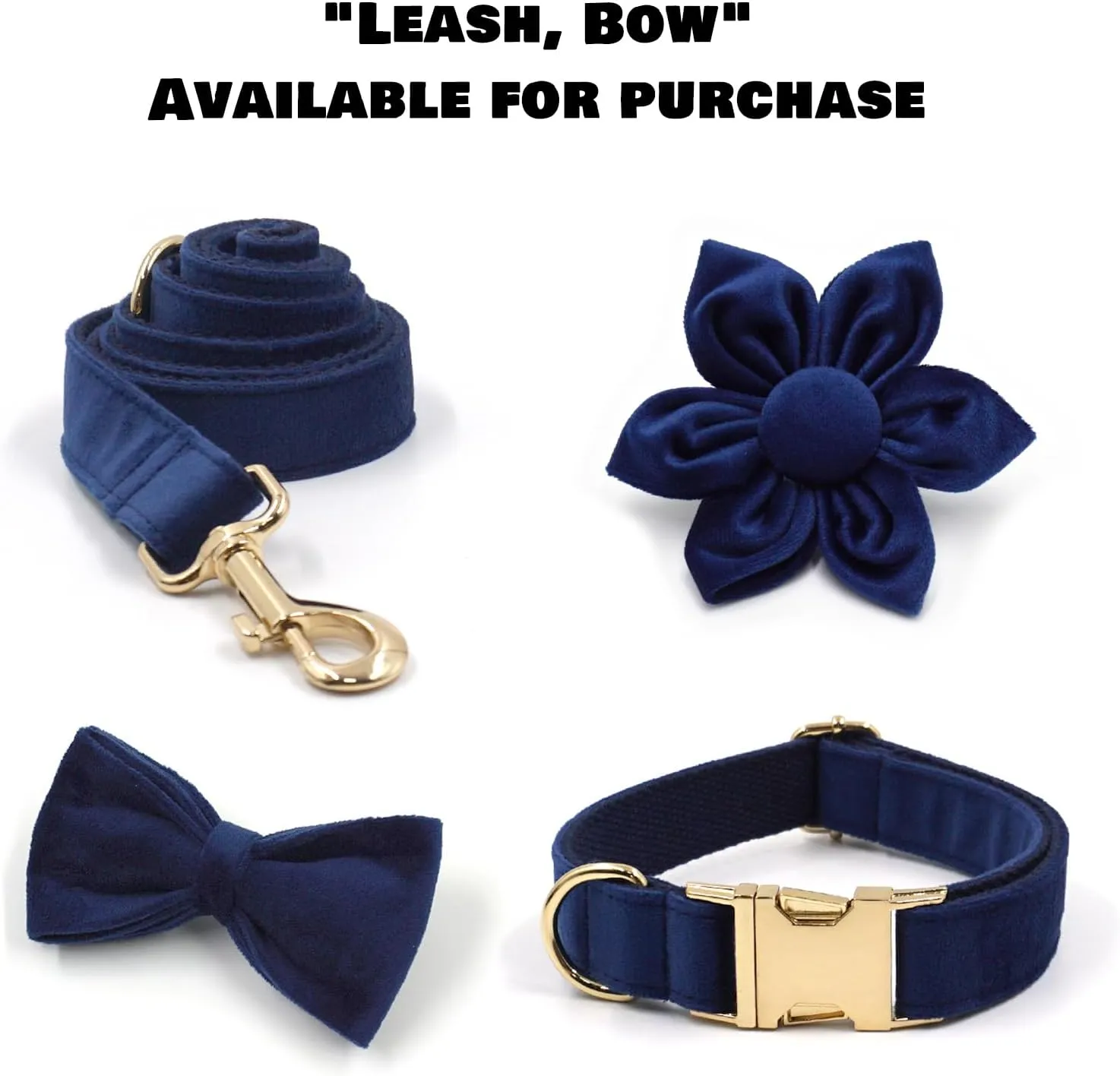 Velvet Personalized Dog Collar with Name - Customizable Dog Collar with Quick Release Metal Buckle - Leash and Bow Tie Available (Midnight Blue, L)