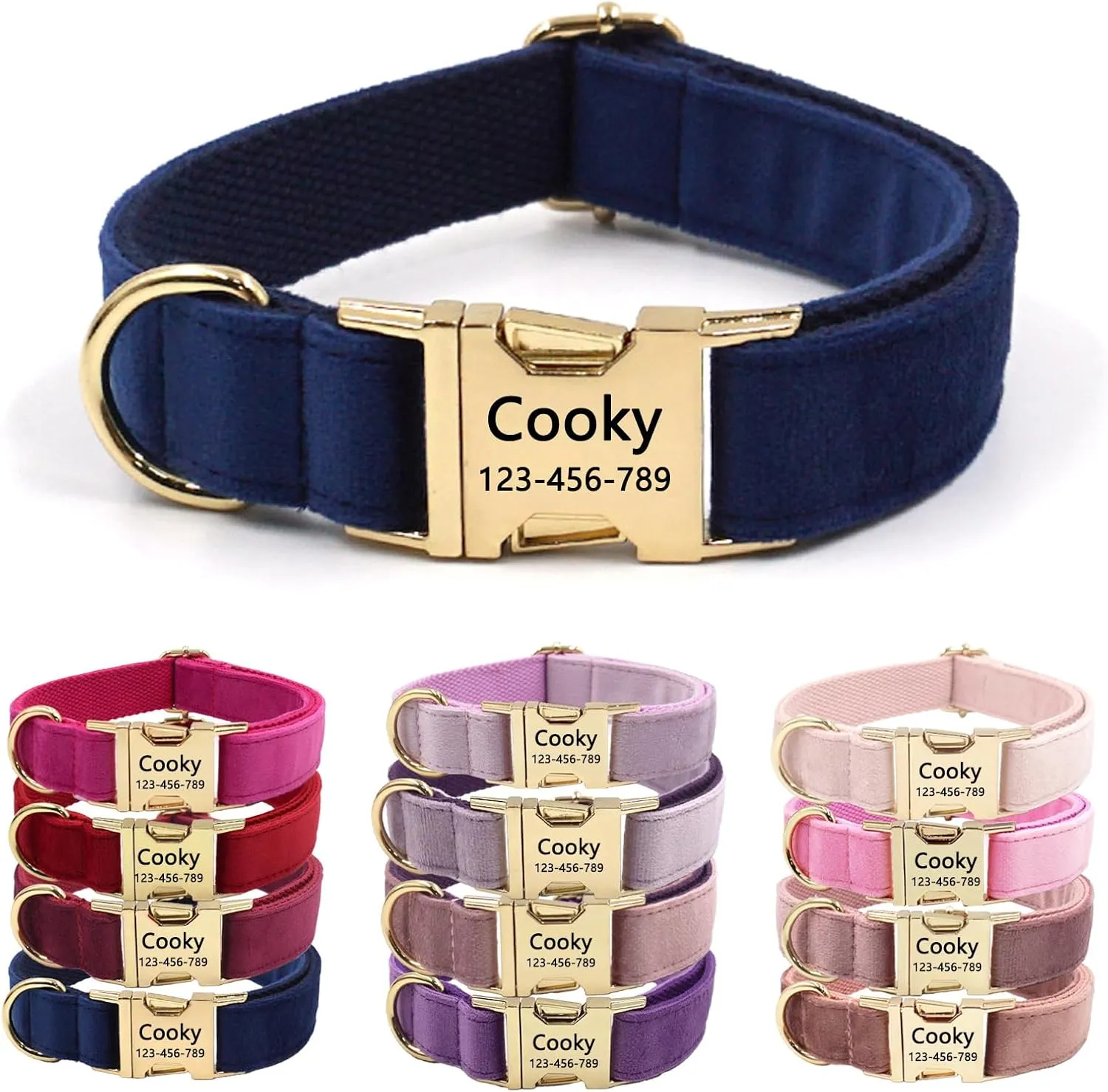Velvet Personalized Dog Collar with Name - Customizable Dog Collar with Quick Release Metal Buckle - Leash and Bow Tie Available (Midnight Blue, L)