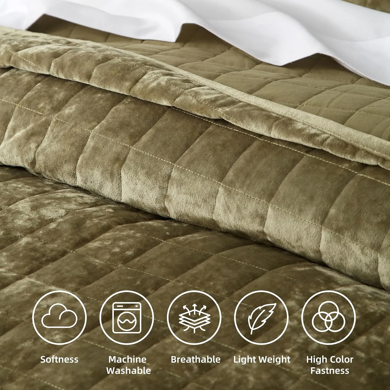 Velvet Quilt King Size, Lightweight Velvet Bedding Set, Soft Quilt Sets Bedspread Cozy Coverlet Thin Comforter Quilted Blanket for All Season, 1 Quilt 104x90 inches, 2 Pillowcases- Green