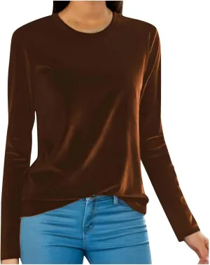Velvet Tops for Women Long Sleeve Crewneck Soft Velvet Blouse Lightweight Casual Fashion Tshirts