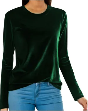 Velvet Tops for Women Long Sleeve Crewneck Soft Velvet Blouse Lightweight Casual Fashion Tshirts