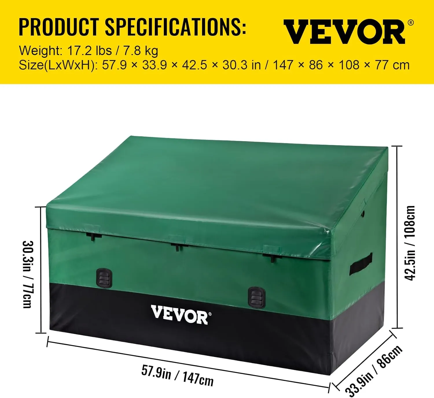 VEVOR Outdoor Storage Box, 230 Gallon Waterproof PE Tarpaulin Deck Box w/Galvanized Frame, All-Weather Protection & Portable, for Camping, Garden, Poolside, and Yard, Black & Green