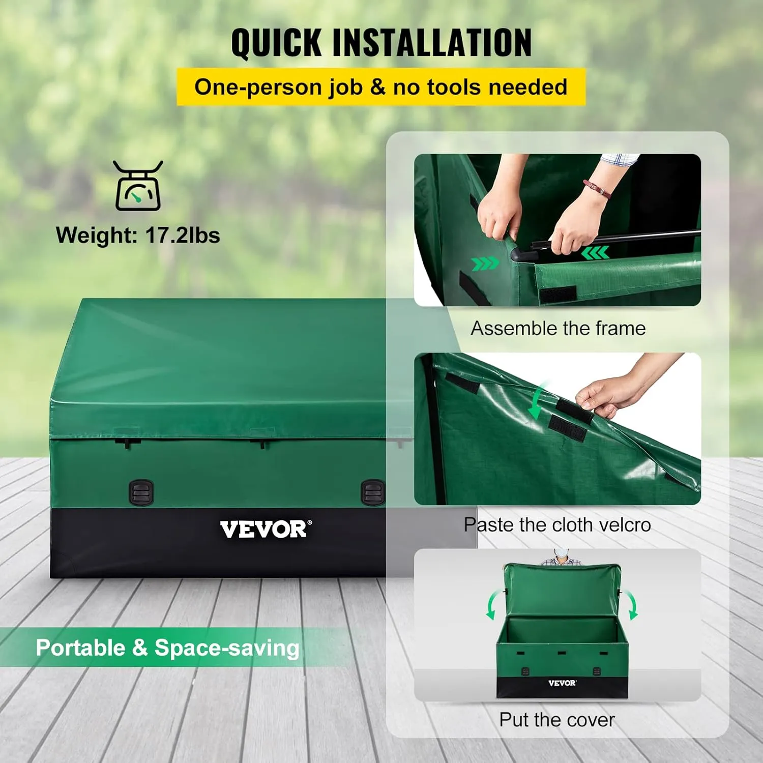 VEVOR Outdoor Storage Box, 230 Gallon Waterproof PE Tarpaulin Deck Box w/Galvanized Frame, All-Weather Protection & Portable, for Camping, Garden, Poolside, and Yard, Black & Green