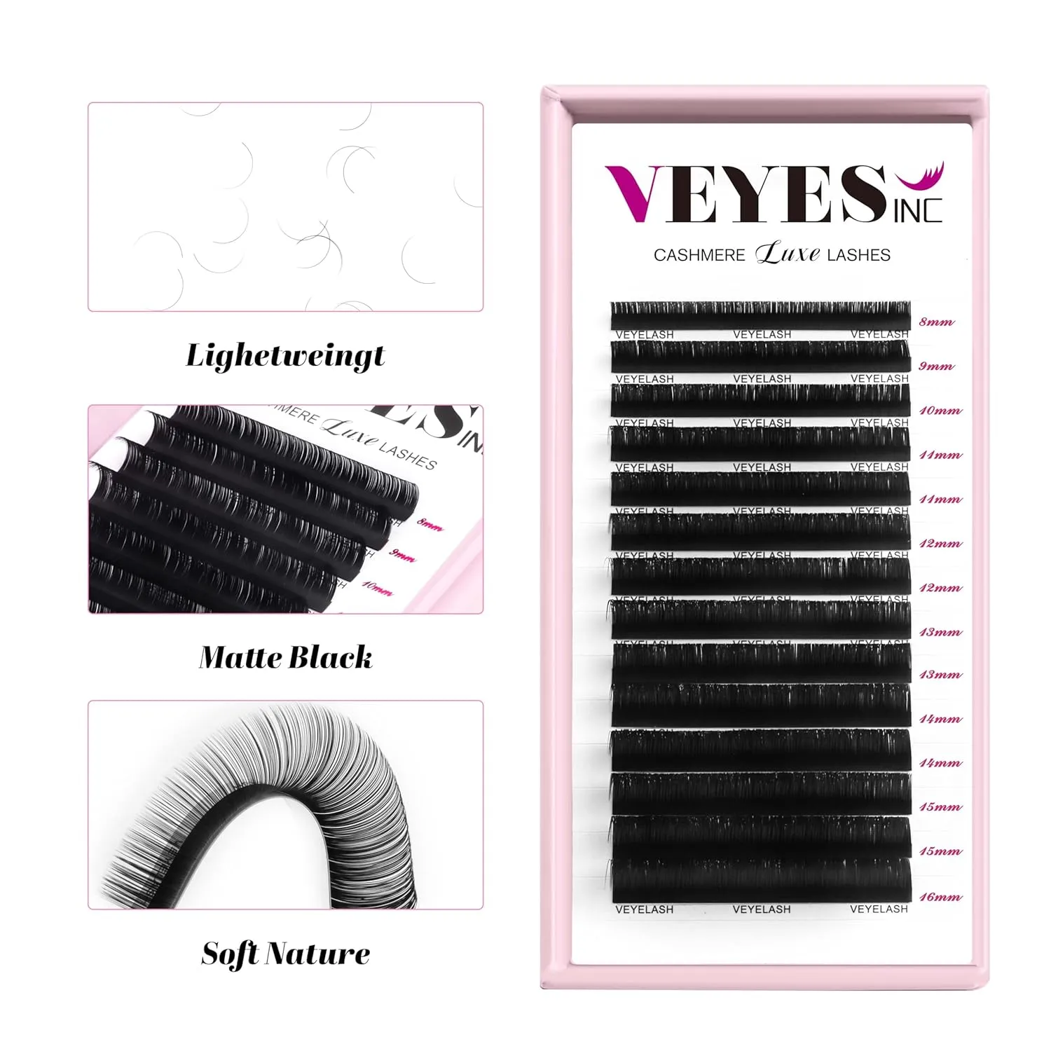 VEYES INC Cashmere Luxe Lashes - Tapered Tips Volume Lash Extension Trays B/C/CC/D/M/J Curl, 0.03-0.05, 8-17mm | Matte Black Professional Eyelash Supplies for Lash Techs (0.03 C 8-16mm)