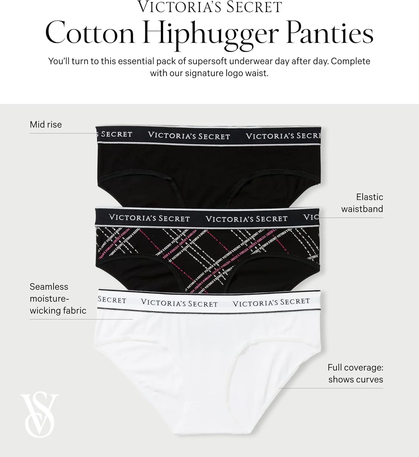 Victoria's Secret Women's Cotton Logo Hipster Underwear, Moderate Coverage Panties for Women, Multi Pack (XS-XXL)