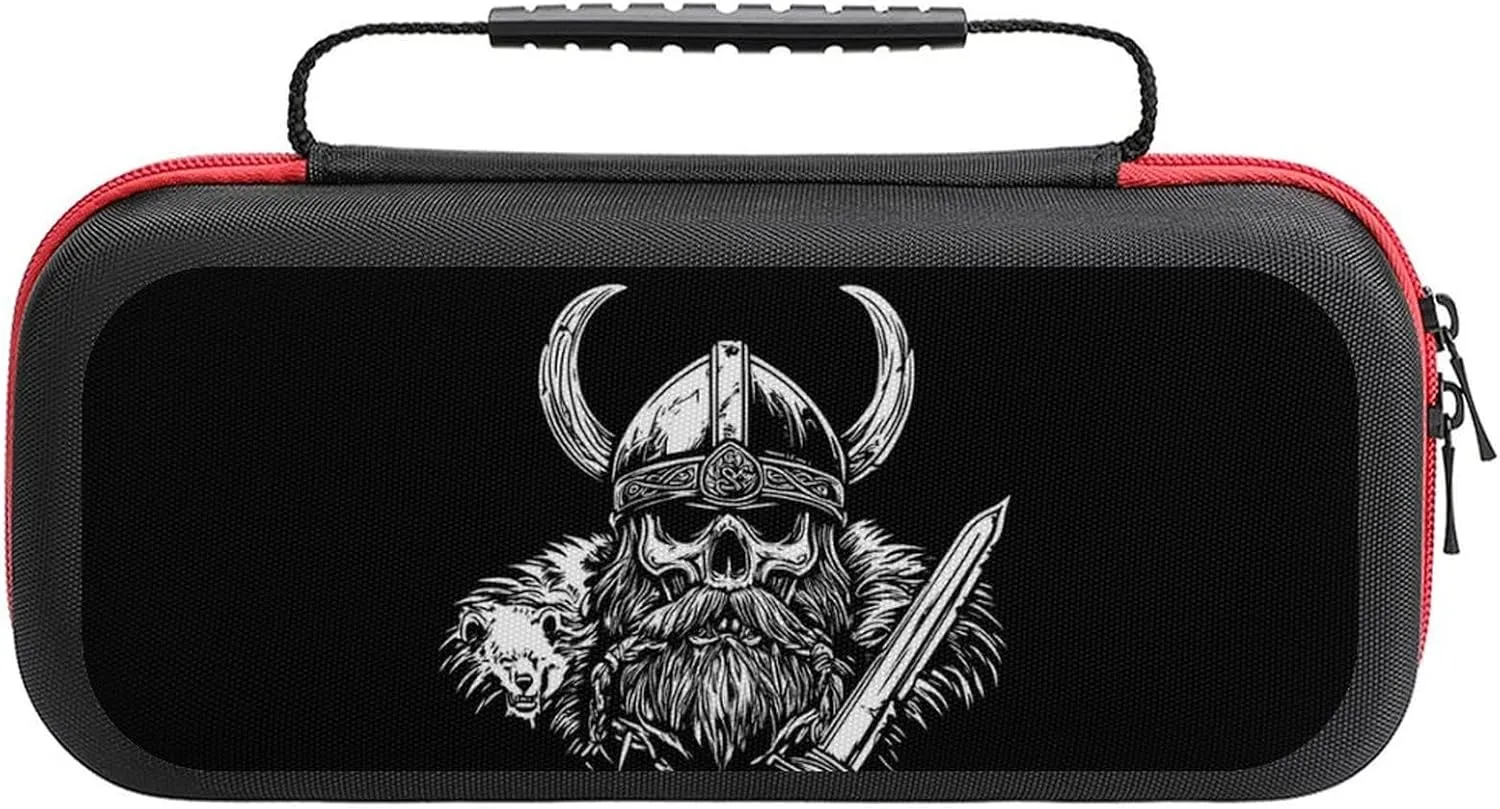 Vikings-Skull Nordic Warrior Carrying Case Compatible with Nintendo Switch with 20 Games Cartridges Slot Portable Travel Bag