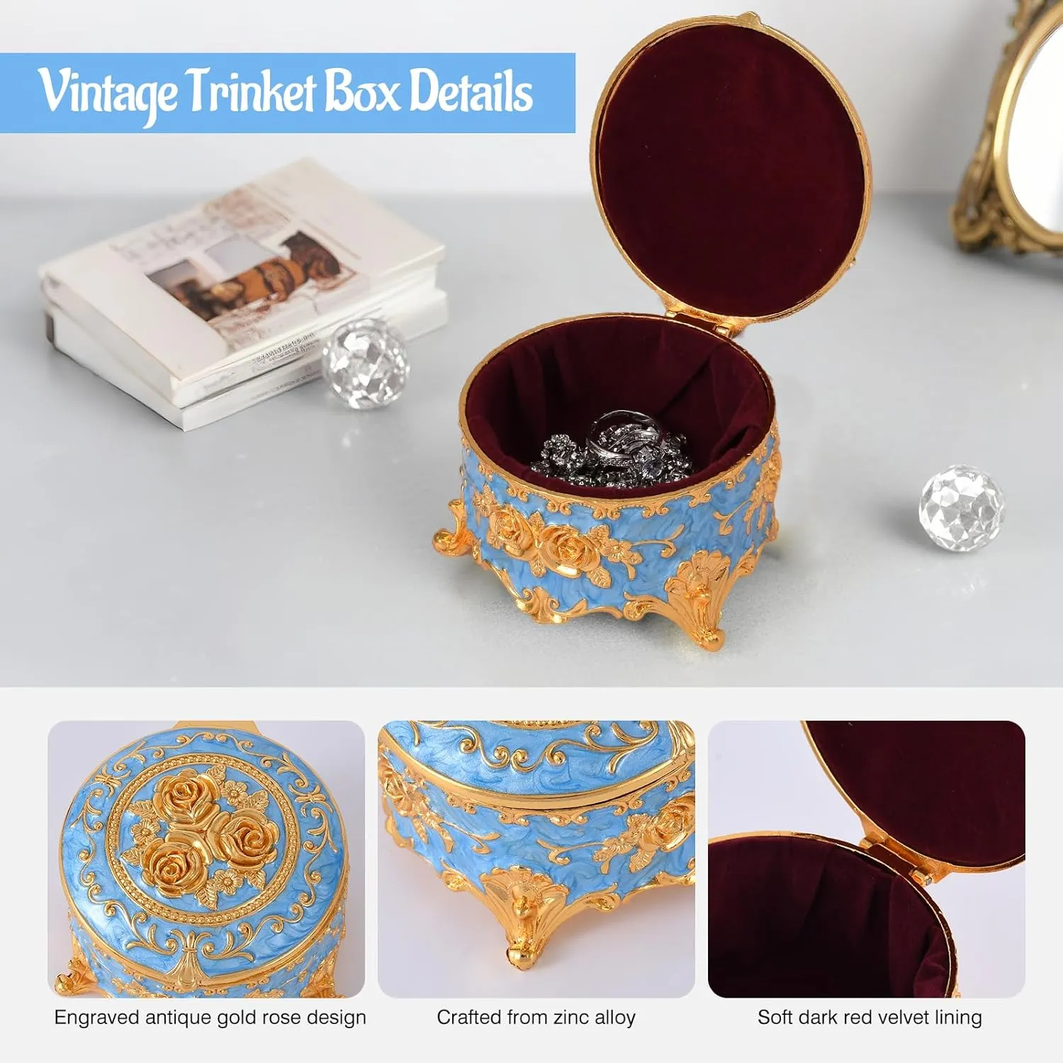 Vintage Jewelry Box, Gold Round Treasure Ring Box, Metal Trinket Organizer Keepsake Box Gift for Girl Women, Light Blue
