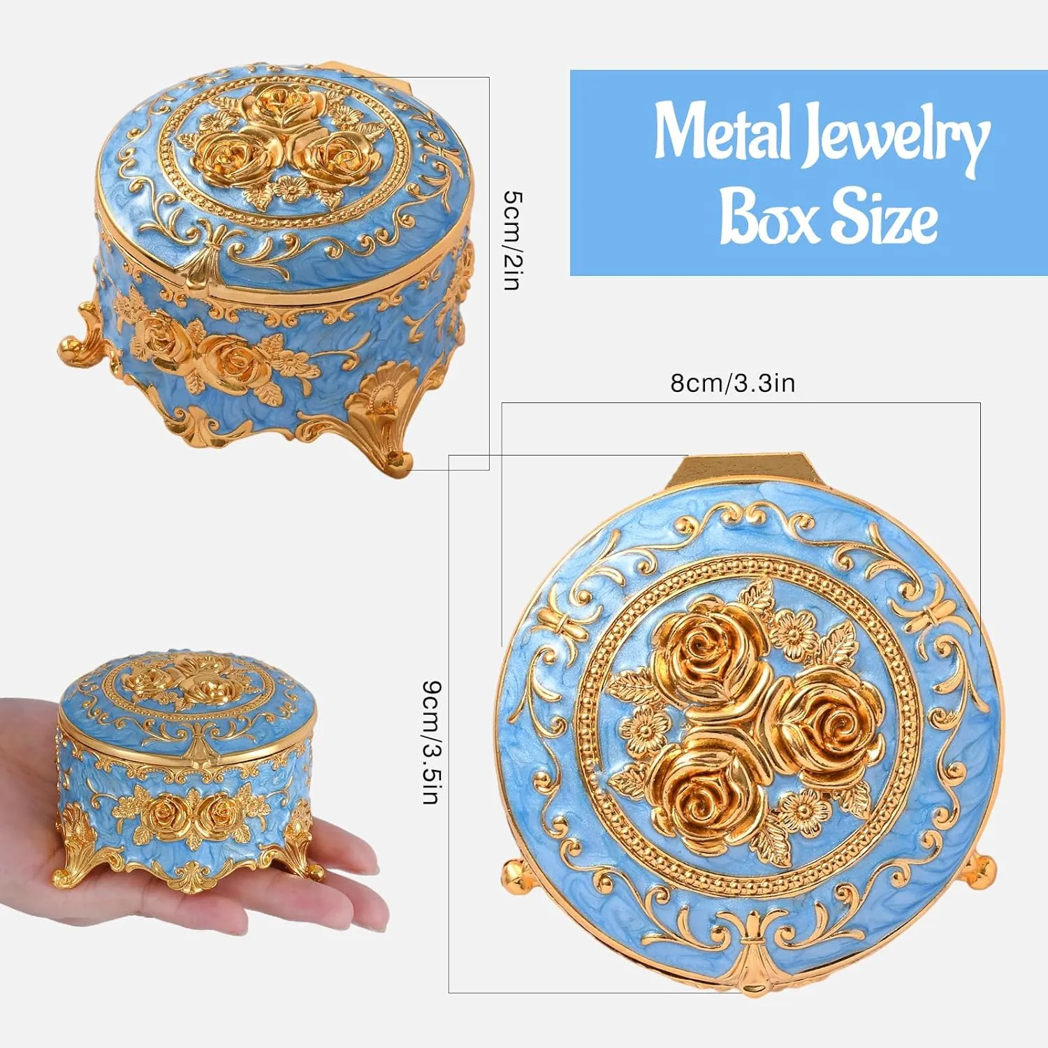 Vintage Jewelry Box, Gold Round Treasure Ring Box, Metal Trinket Organizer Keepsake Box Gift for Girl Women, Light Blue