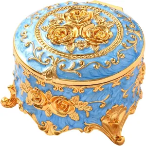 Vintage Jewelry Box, Gold Round Treasure Ring Box, Metal Trinket Organizer Keepsake Box Gift for Girl Women, Light Blue