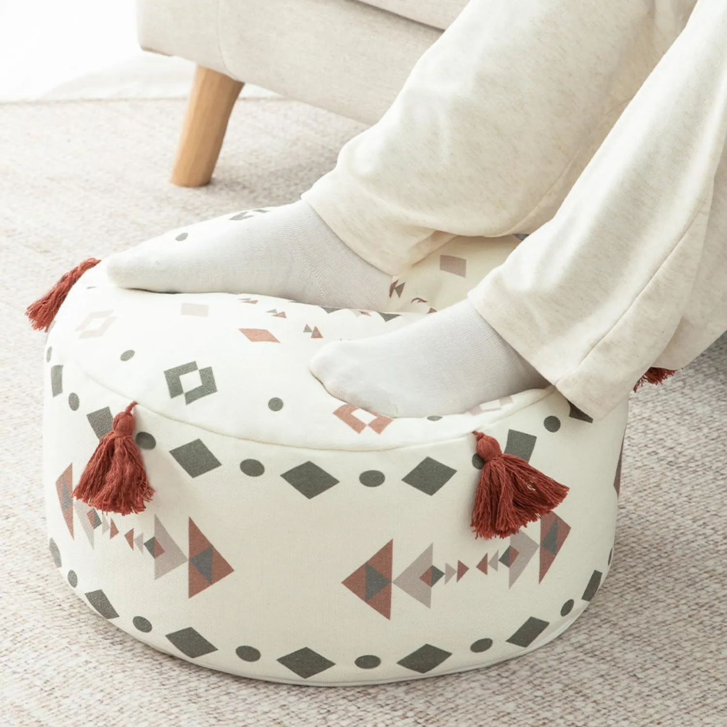 VOGOL Unstuffed Ottoman Pouf Cover, Classic Simplicity Geometric Print Pouf Footstool Cover with Tassels, Washable Ottoman Shell for Living Room Apartment Decor, D18 x H8, Red
