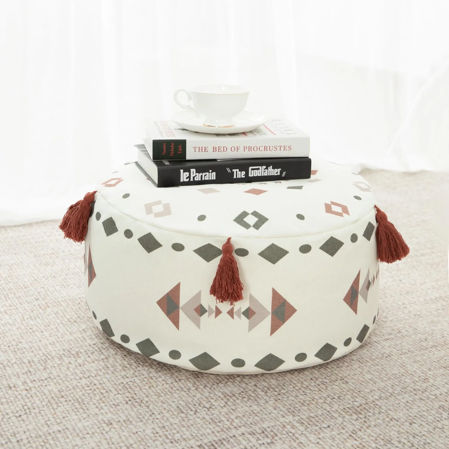 VOGOL Unstuffed Ottoman Pouf Cover, Classic Simplicity Geometric Print Pouf Footstool Cover with Tassels, Washable Ottoman Shell for Living Room Apartment Decor, D18 x H8, Red
