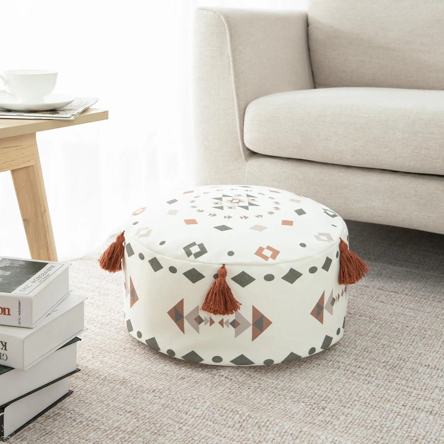 VOGOL Unstuffed Ottoman Pouf Cover, Classic Simplicity Geometric Print Pouf Footstool Cover with Tassels, Washable Ottoman Shell for Living Room Apartment Decor, D18 x H8, Red
