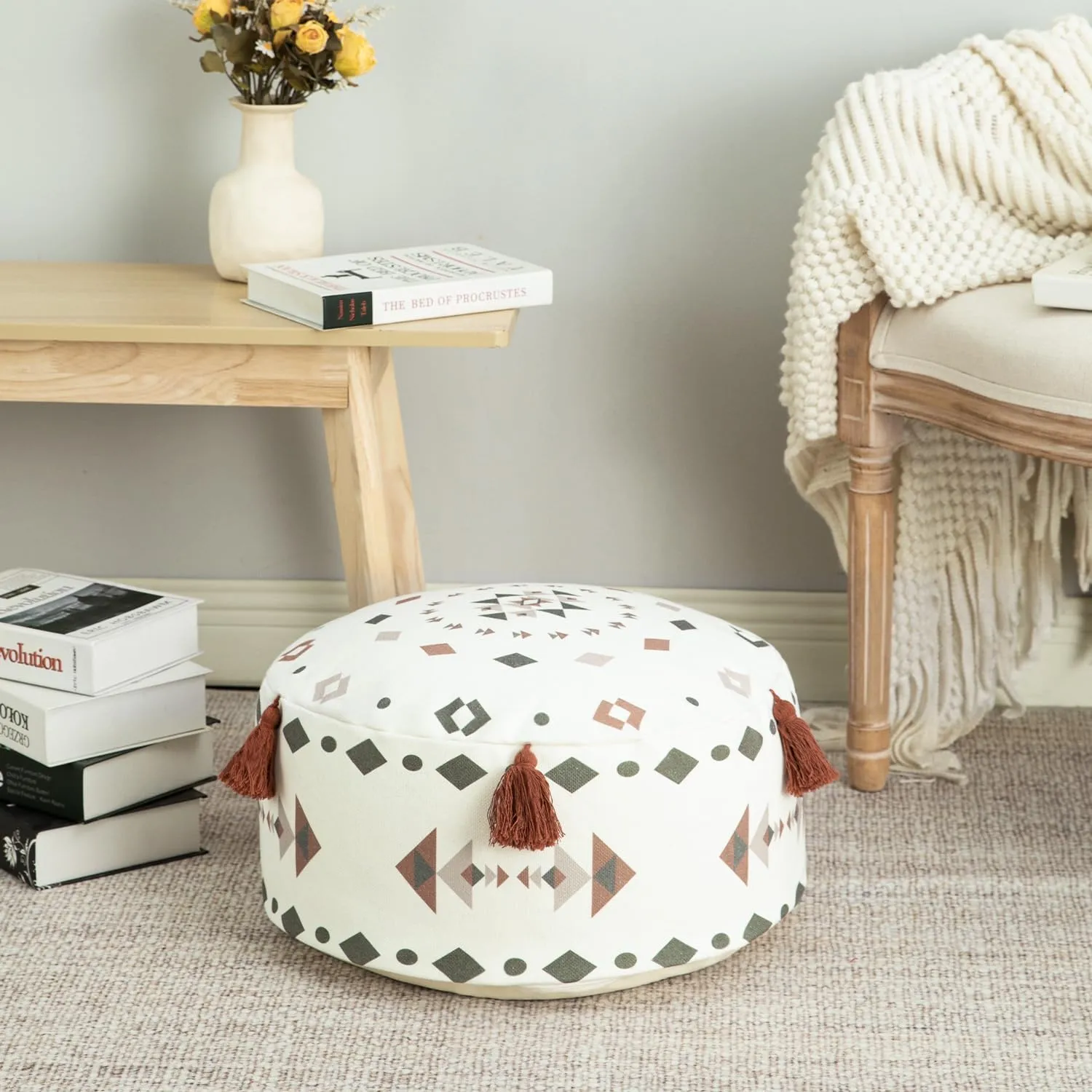 VOGOL Unstuffed Ottoman Pouf Cover, Classic Simplicity Geometric Print Pouf Footstool Cover with Tassels, Washable Ottoman Shell for Living Room Apartment Decor, D18 x H8, Red