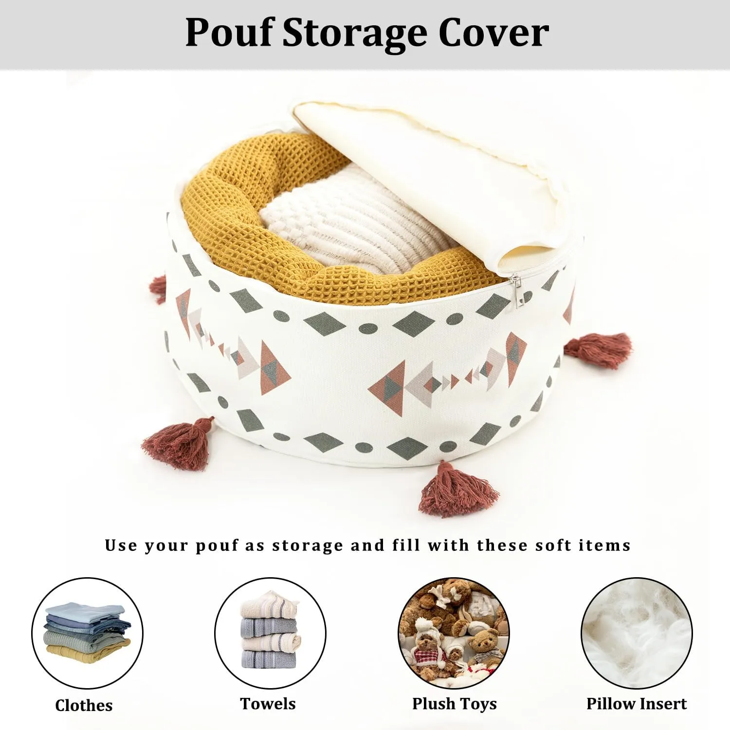 VOGOL Unstuffed Ottoman Pouf Cover, Classic Simplicity Geometric Print Pouf Footstool Cover with Tassels, Washable Ottoman Shell for Living Room Apartment Decor, D18 x H8, Red