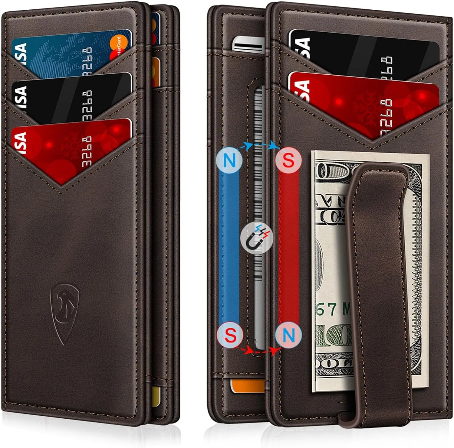 Wallet for Men Slim Leather Wallets for 12-15 Cards, Minimalist Thin RFID Blocking Card Holder with Money Clip & ID Window, Small Bifold Front Pocket Wallet, Gifts for Men