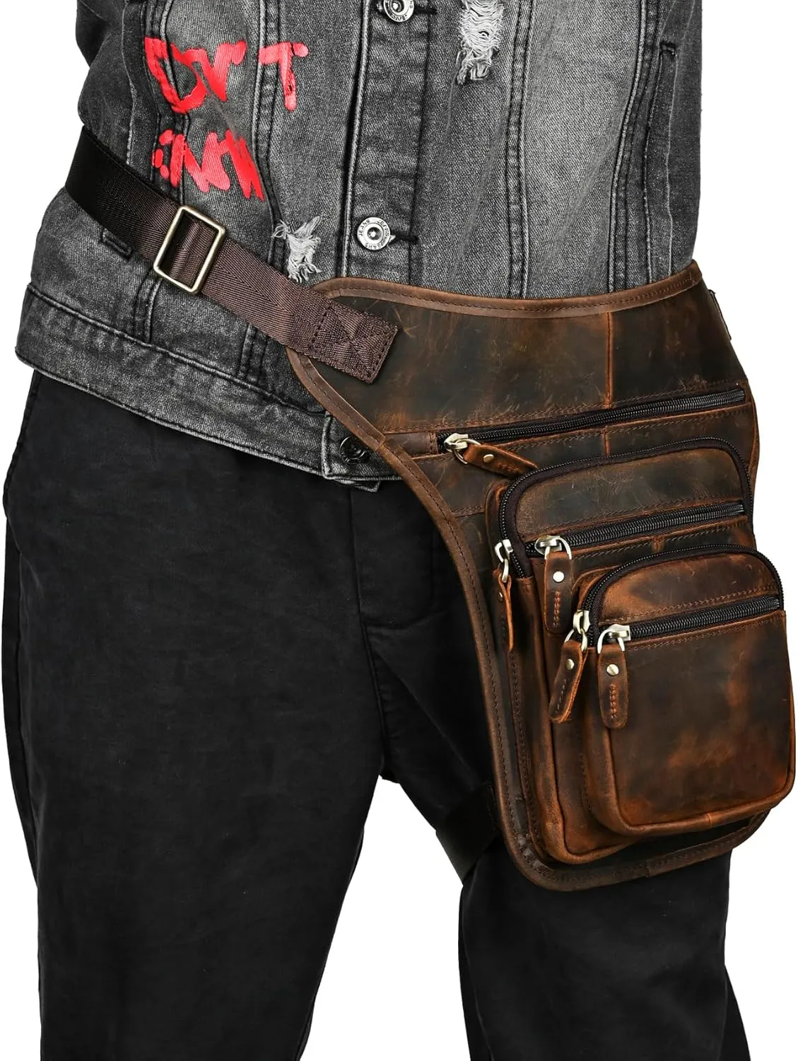 Water Resistant Canvas   Leather Motorcycle Travel Fanny Waist Pack Drop Thigh Leg Bag Pouch For Men Women FB913-5