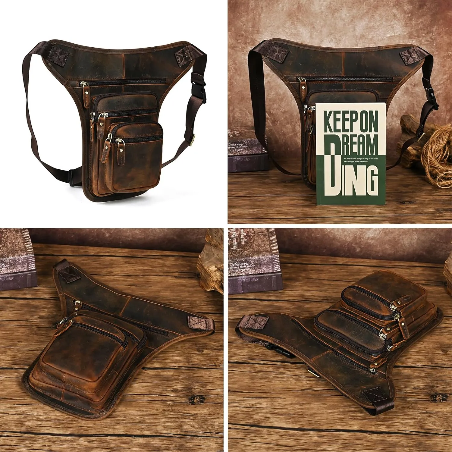 Water Resistant Canvas   Leather Motorcycle Travel Fanny Waist Pack Drop Thigh Leg Bag Pouch For Men Women FB913-5