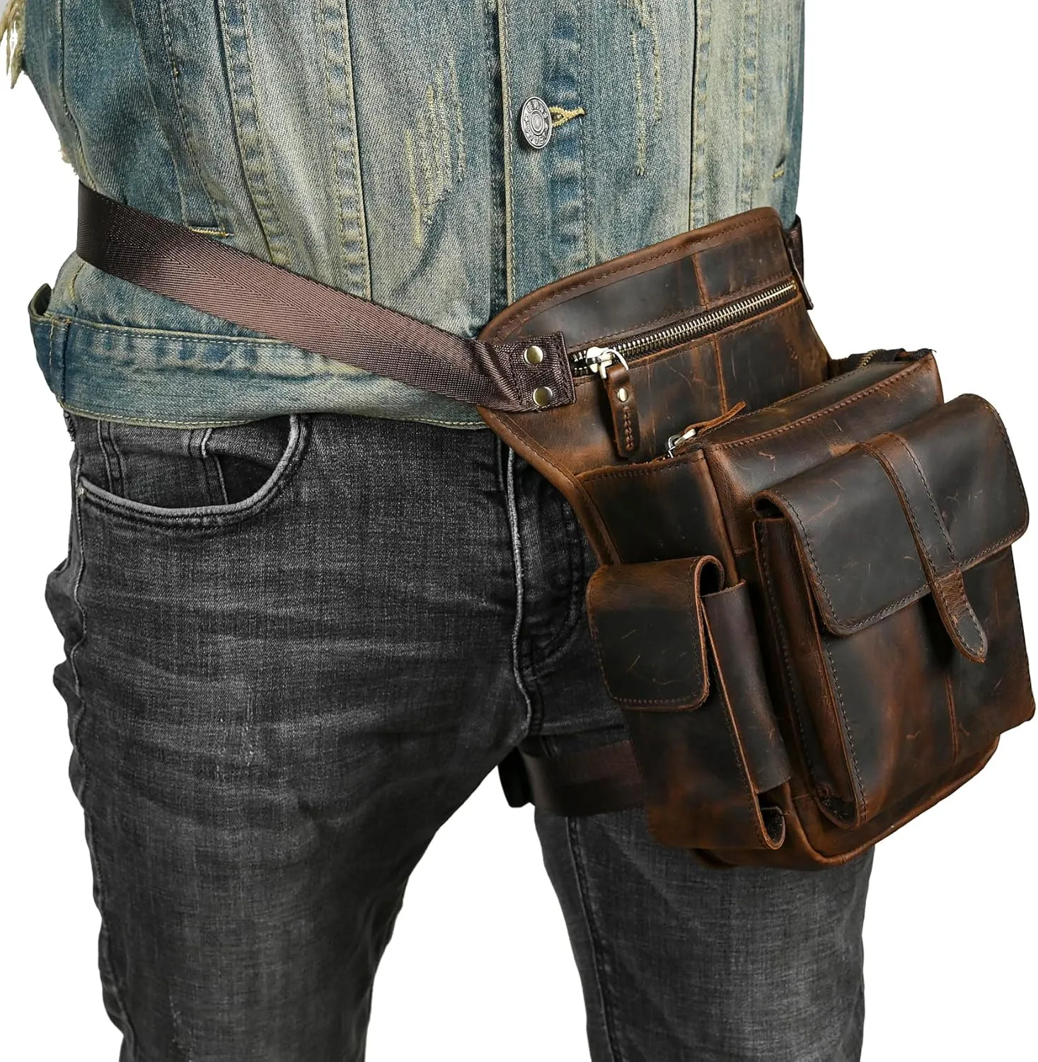 Water Resistant Canvas   Leather Motorcycle Travel Fanny Waist Pack Drop Thigh Leg Bag Pouch For Men Women FB913-5